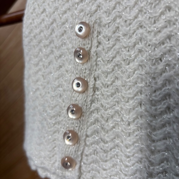 White Scarf with Silver Threaded Accent Scalloped Edges and Rhinestone Buttons - Picture 5 of 9